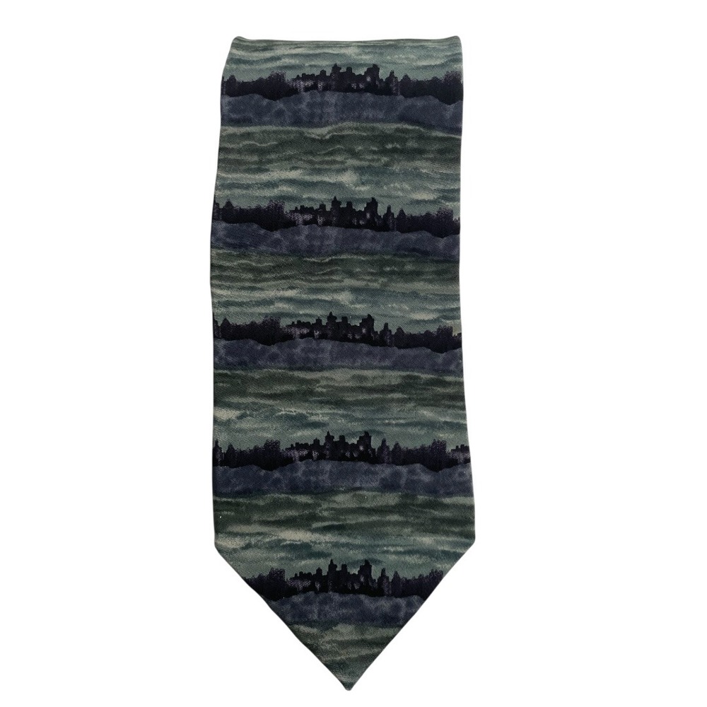 J. Garcia Silk Necktie Green Blue Abstract Skyline Pattern Business Casual A20Q‎